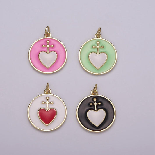 Sacred heart gold charm necklace, sacred heart cross pendant necklace rainbow colorful enamel religious charm