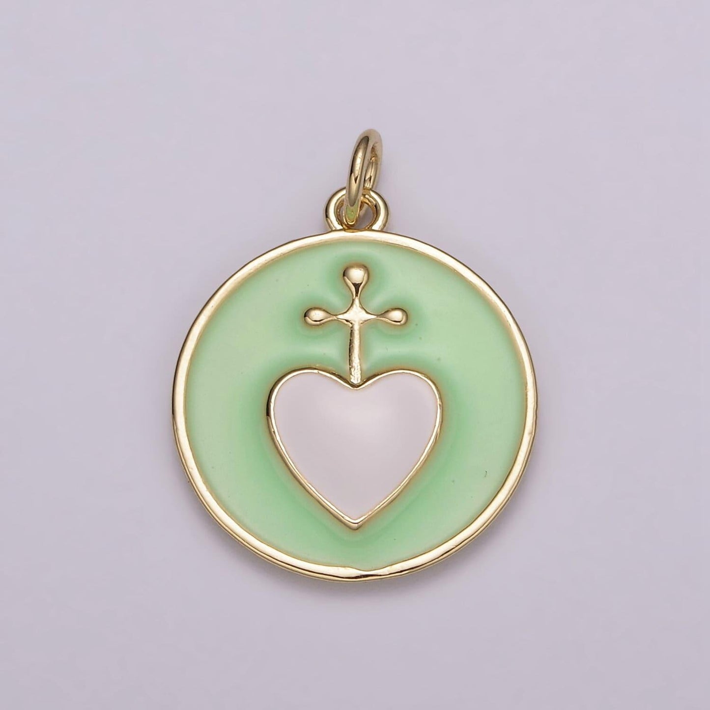 Sacred heart gold charm necklace, sacred heart cross pendant necklace rainbow colorful enamel religious charm