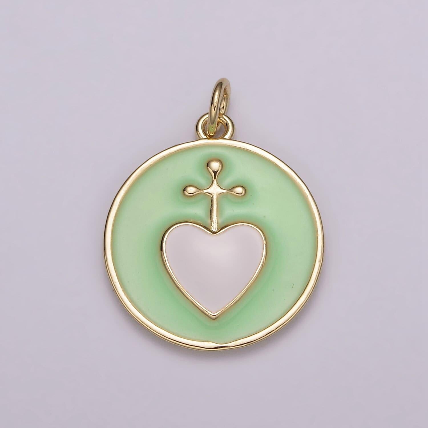Sacred heart gold charm necklace, sacred heart cross pendant necklace rainbow colorful enamel religious charm