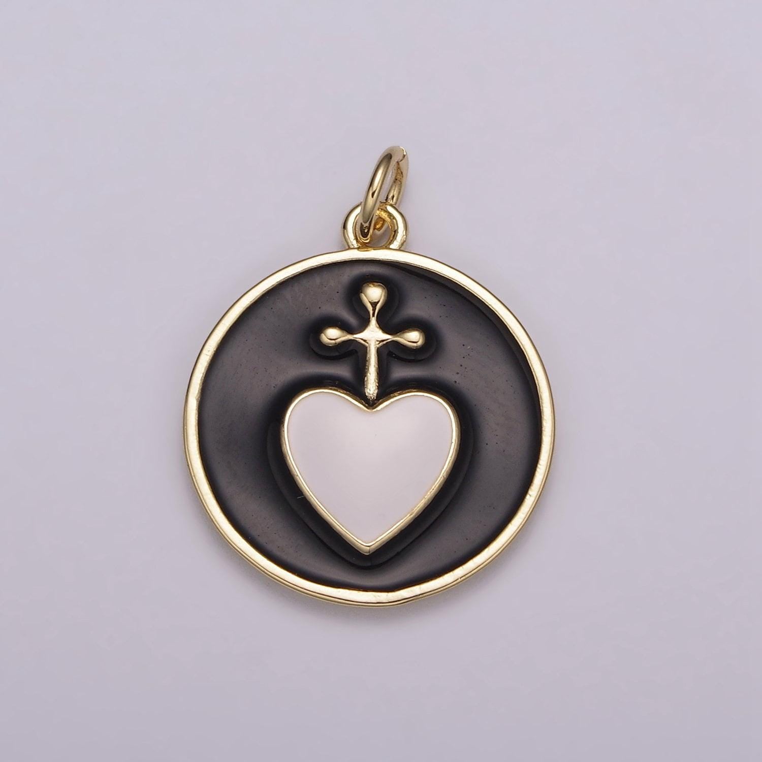 Sacred heart gold charm necklace, sacred heart cross pendant necklace rainbow colorful enamel religious charm