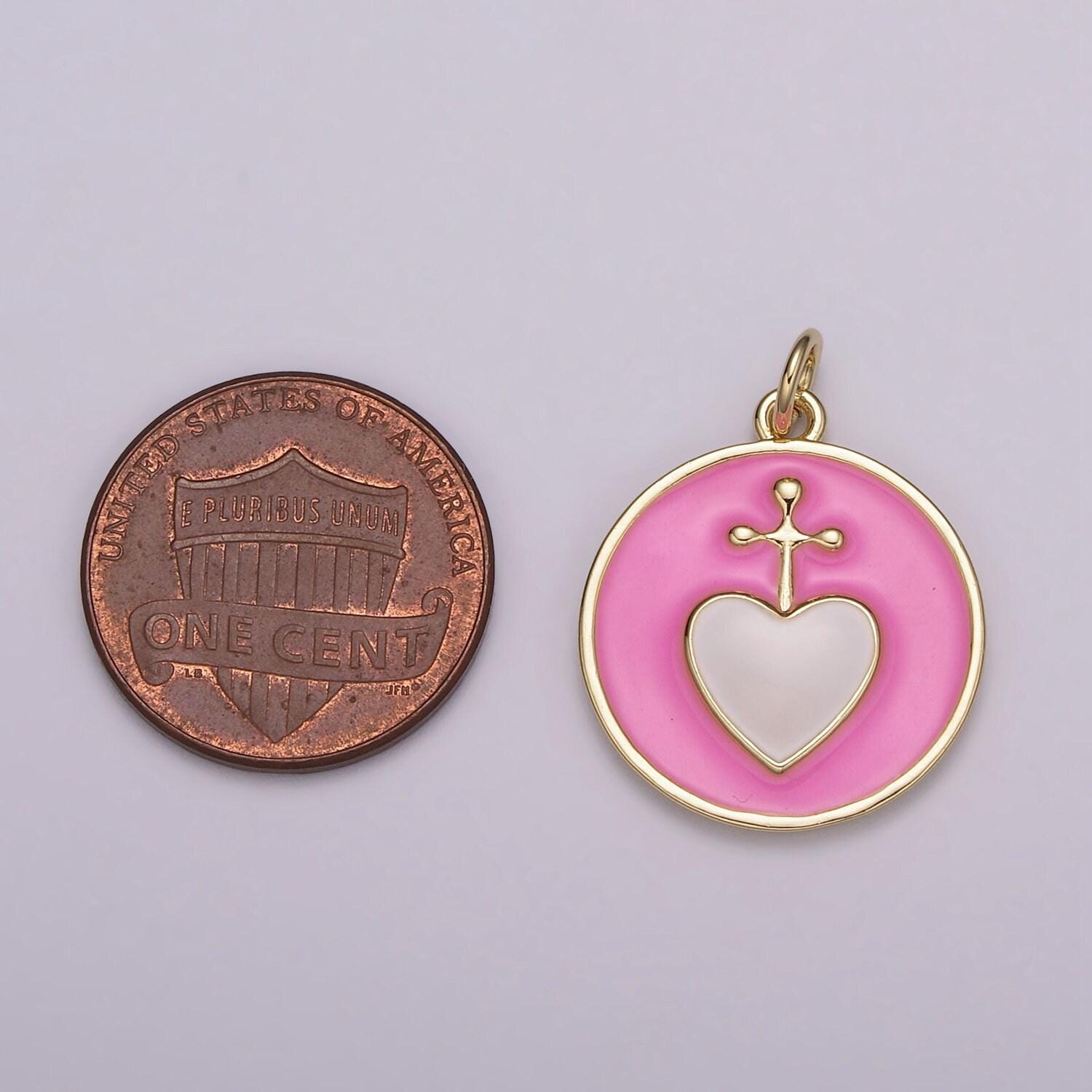 Sacred heart gold charm necklace, sacred heart cross pendant necklace rainbow colorful enamel religious charm