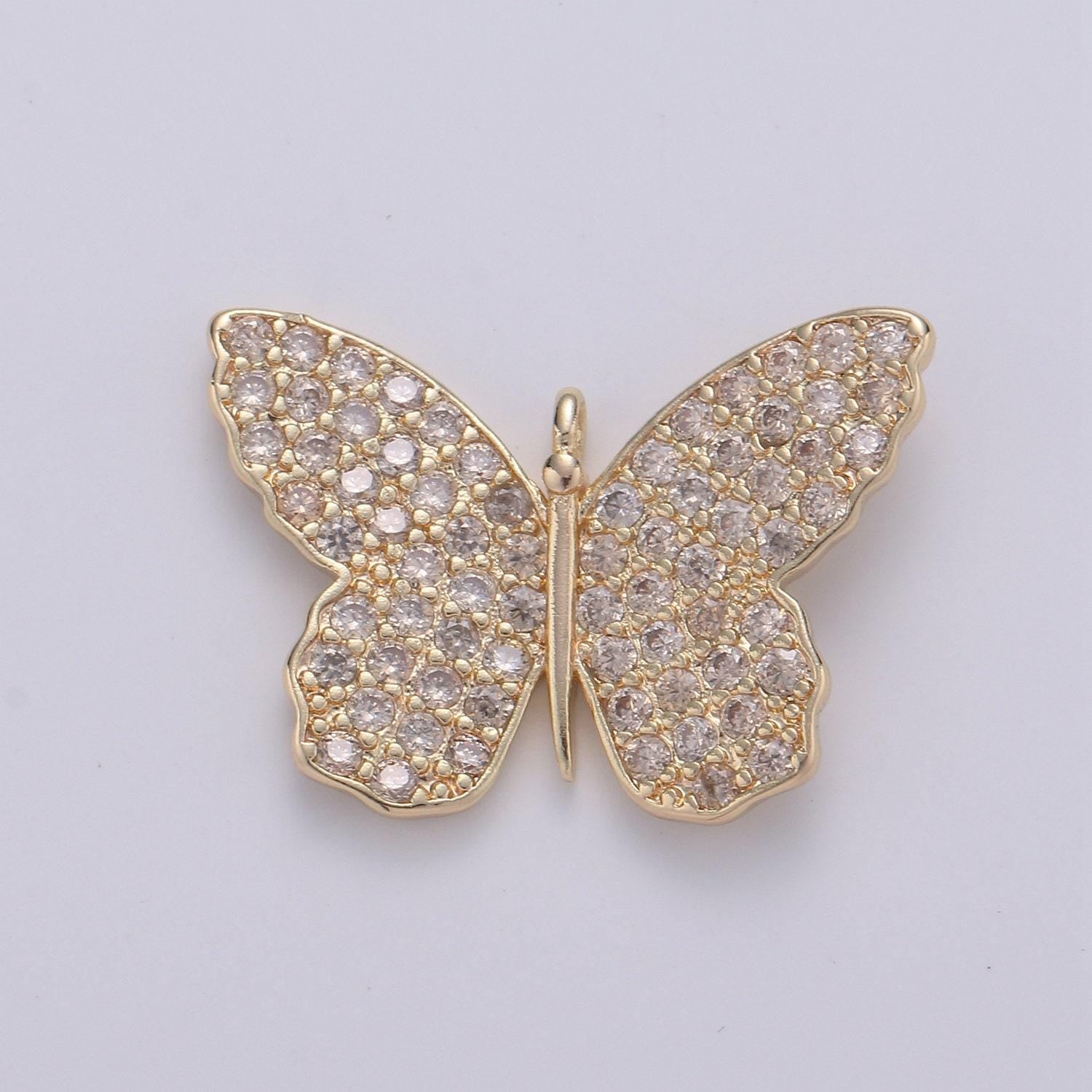 24k gold plated butterfly charm cz micro pave, butterfly pendant, butterfly bracelet, cubic zirconia charm silver mariposa charm