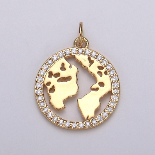 Micro pave clear cz planet of the universe pendant 18k gold charm, star galaxy, world continent diy jewelry necklace e-590