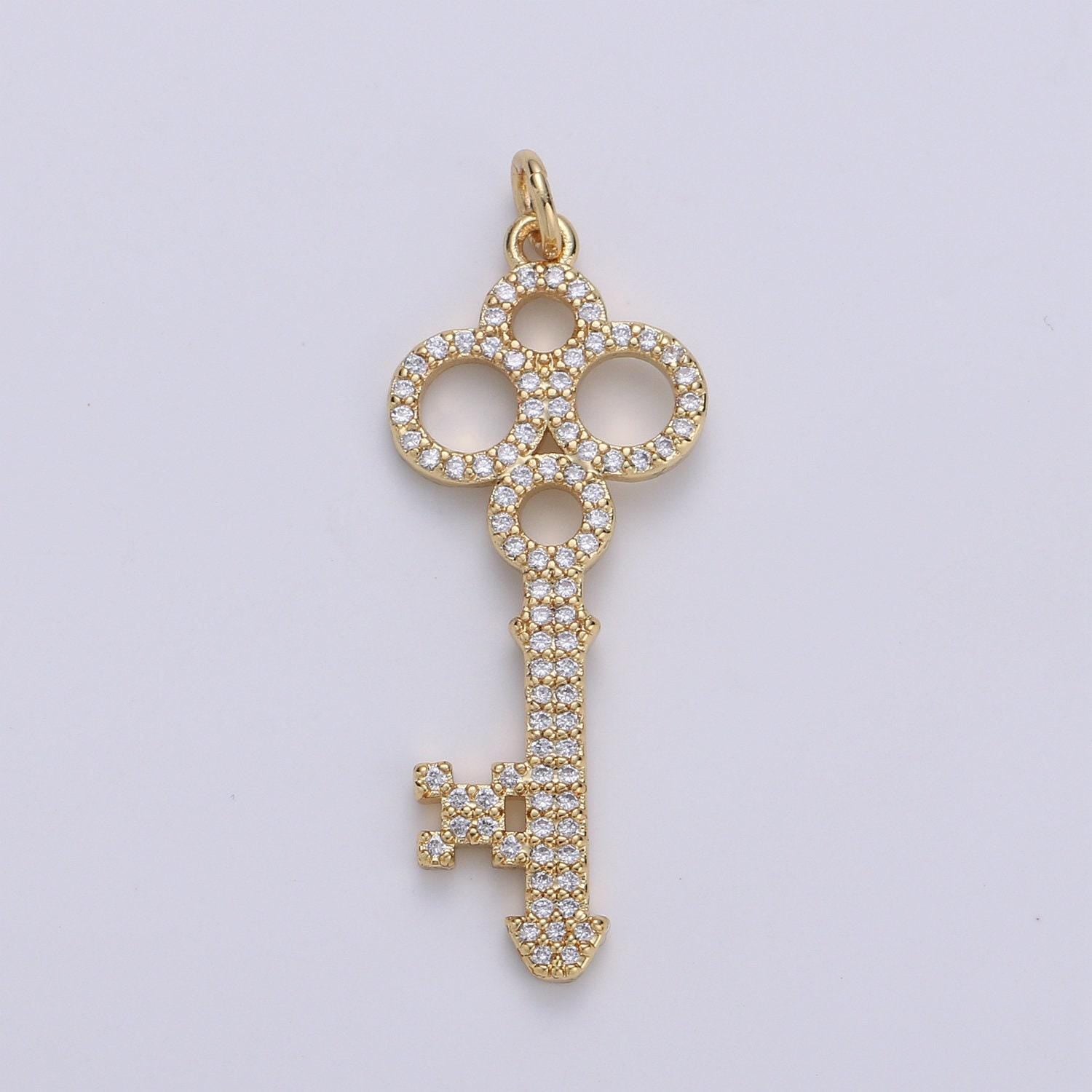 1pc 14k olympic key gold plated micro pave cubic clover key pendant charm, micro pave cz key pendant charm,for diy jewelry