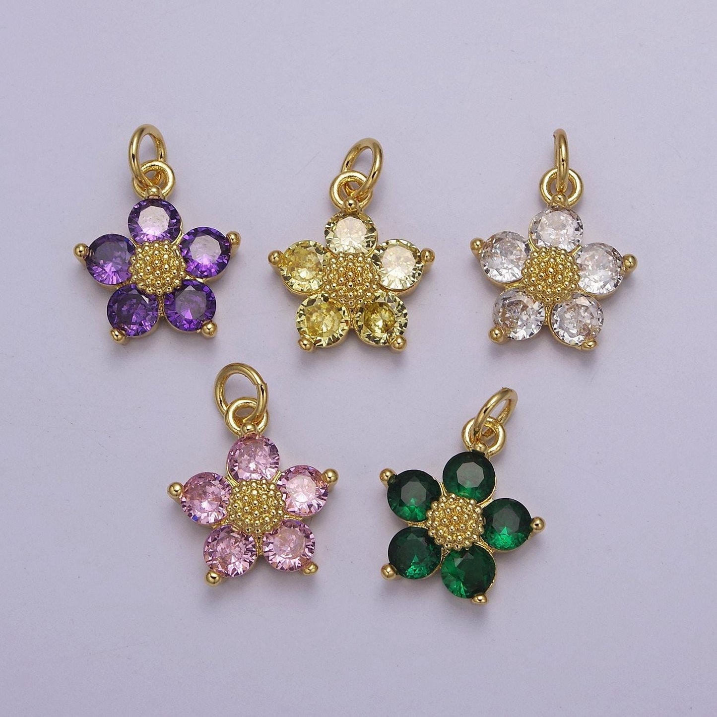 Mini cubic daisy charm in 24k gold filled cz charm for spring jewelry inspired e-550 e-551 e-639 e-640 e-641