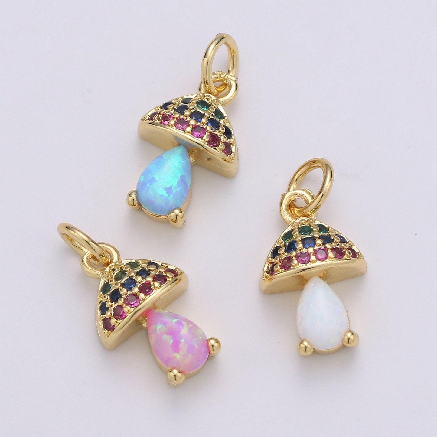 Opal mushroom gold micro pave charm, cubic zirconia lantern pendant charm, dainty clear pearcut cz charm, multicolor cz, 1970 - 1972