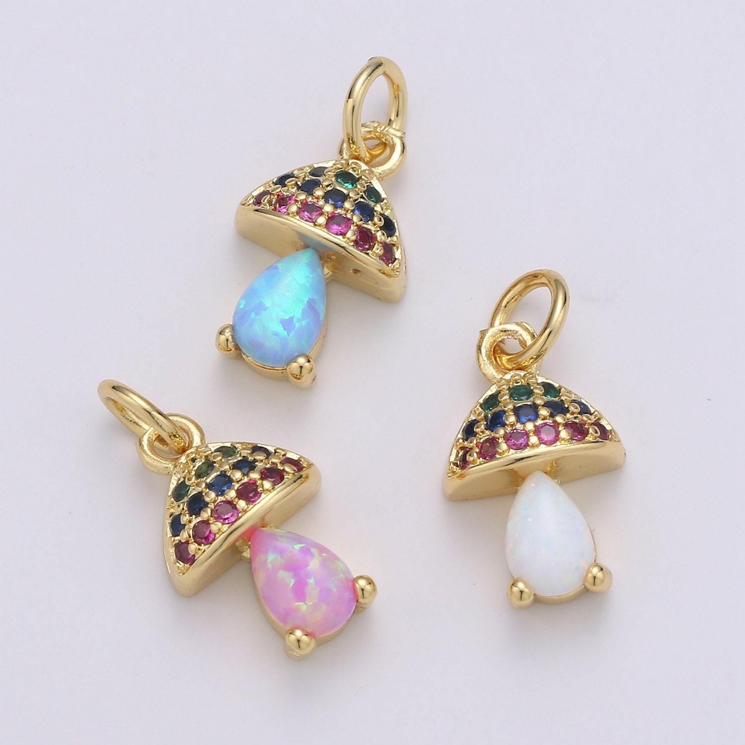 Opal mushroom gold micro pave charm, cubic zirconia lantern pendant charm, dainty clear pearcut cz charm, multicolor cz, 1970 - 1972