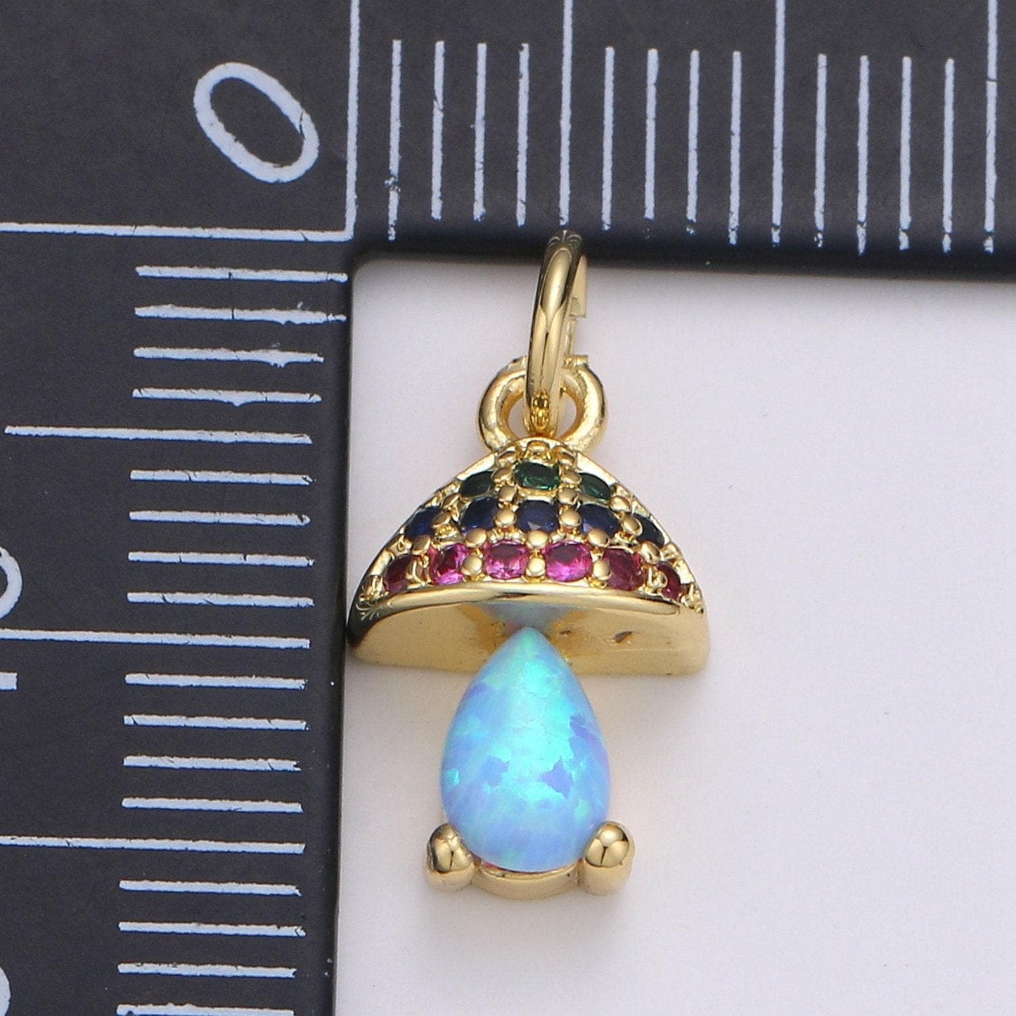 Opal mushroom gold micro pave charm, cubic zirconia lantern pendant charm, dainty clear pearcut cz charm, multicolor cz, 1970 - 1972