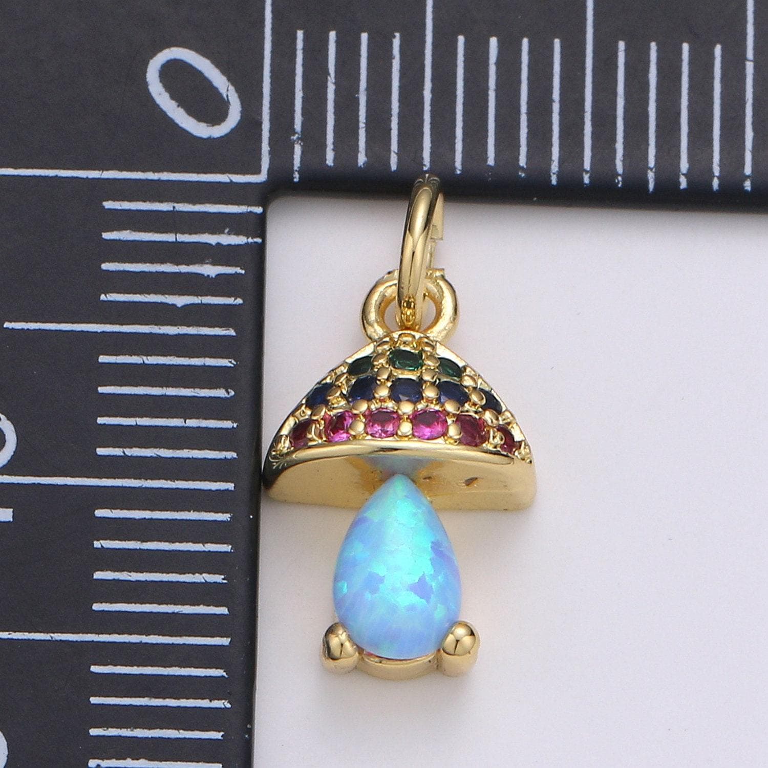 Opal mushroom gold micro pave charm, cubic zirconia lantern pendant charm, dainty clear pearcut cz charm, multicolor cz, 1970 - 1972