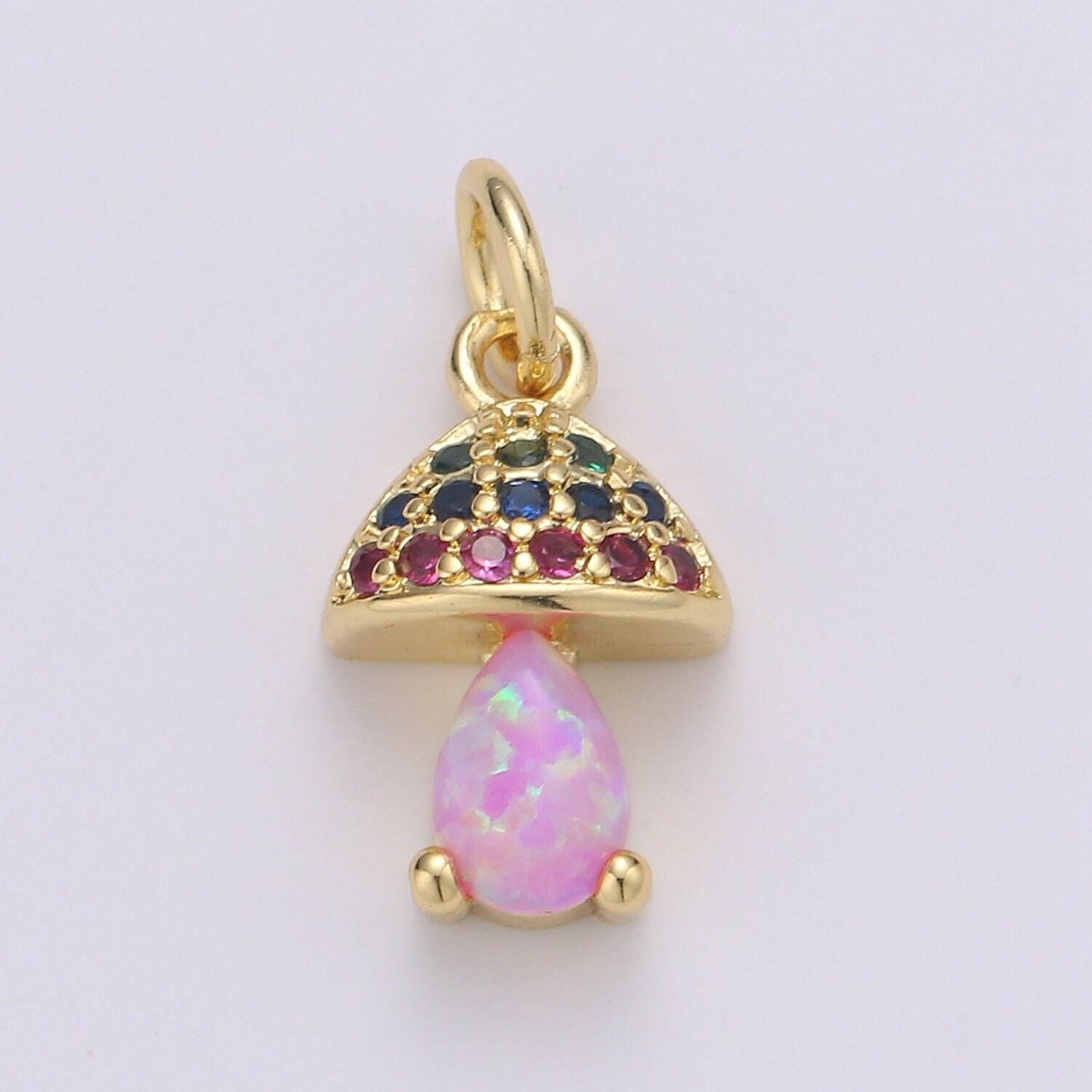 Opal mushroom gold micro pave charm, cubic zirconia lantern pendant charm, dainty clear pearcut cz charm, multicolor cz, 1970 - 1972