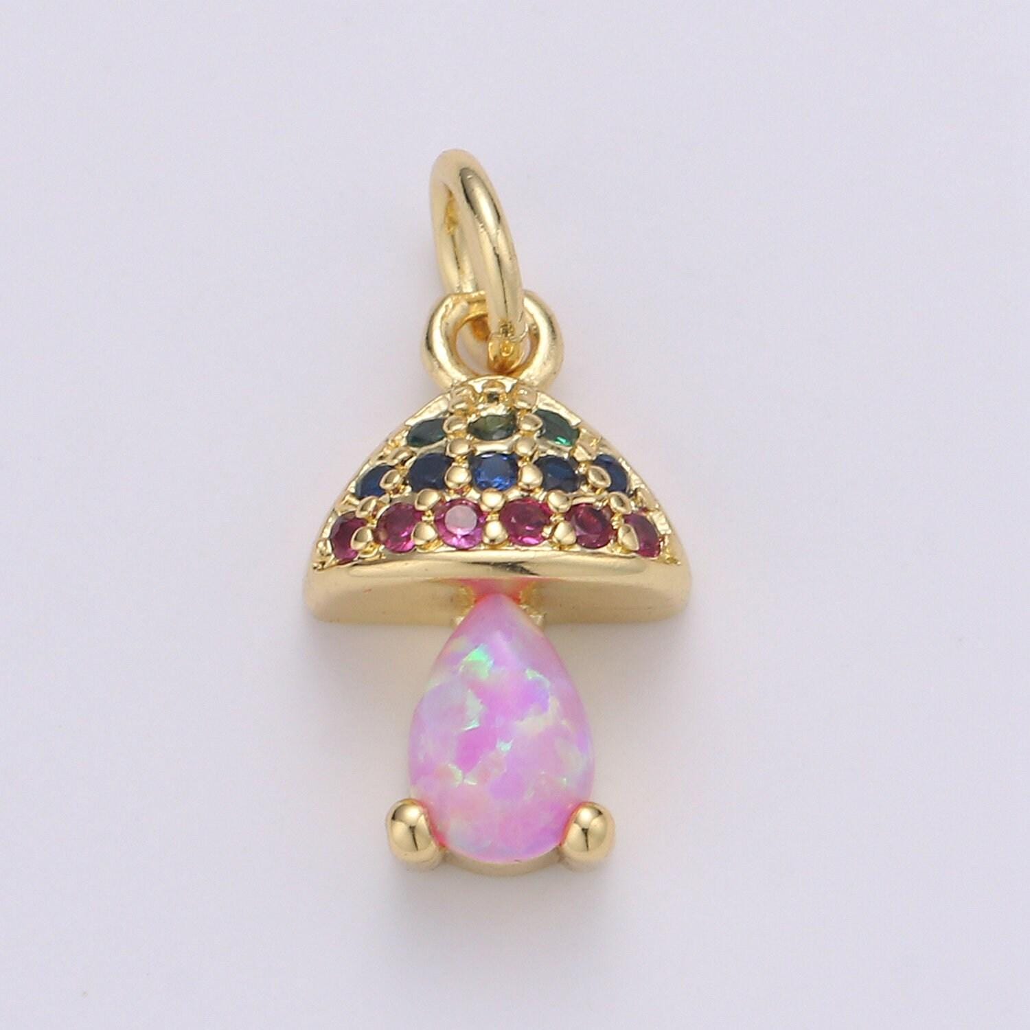 Opal mushroom gold micro pave charm, cubic zirconia lantern pendant charm, dainty clear pearcut cz charm, multicolor cz, 1970 - 1972