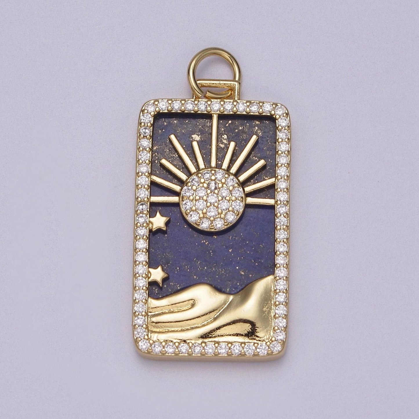 Pearl sun tag charm blue lapiz mountain gold filled charm clear cz tag medallion charm pendant e-424