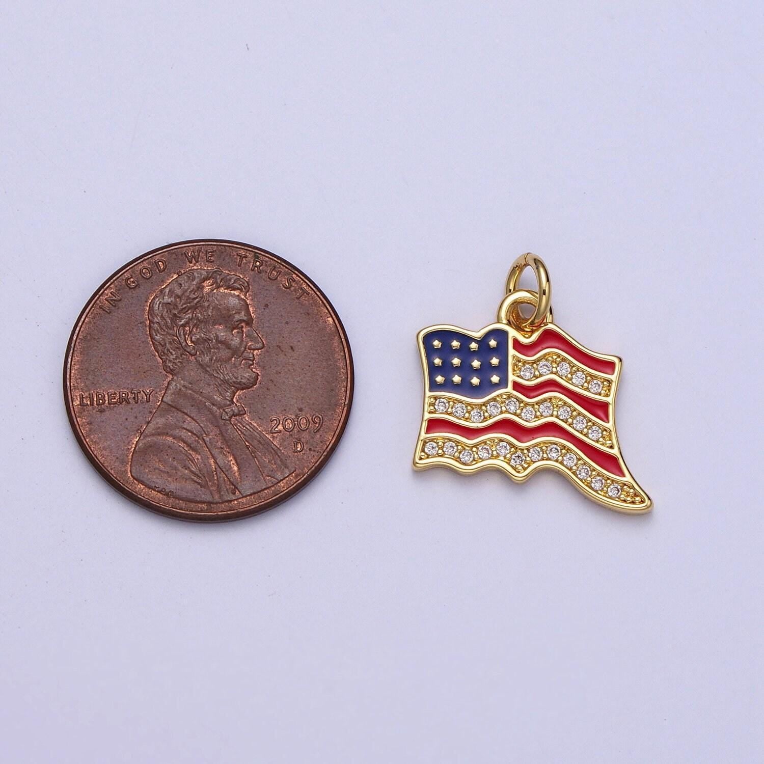 Cubic gold american flag charm with enamel, united states patriotic vote presidential 4th of july inspired necklace bracelet earring e443