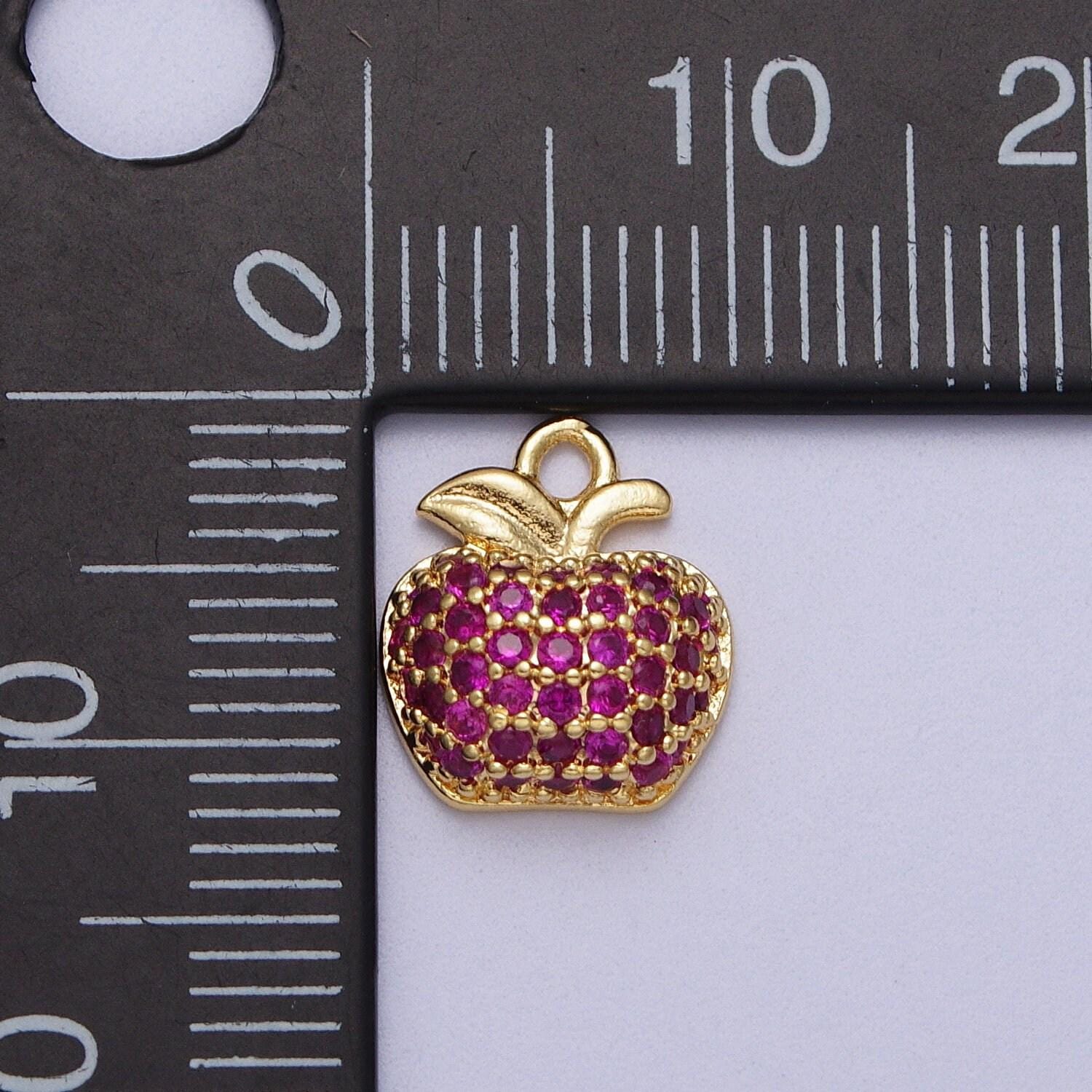 Fuchsia micro paved cz apple fruit gold charm foodie charm for teacher appreciation gift idea jewelry necklace bracelet earring supply e432
