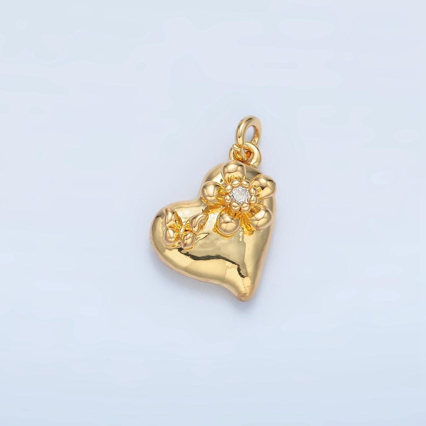 Small heart with butterfly and cz flower charm in gold & silver | e-395
