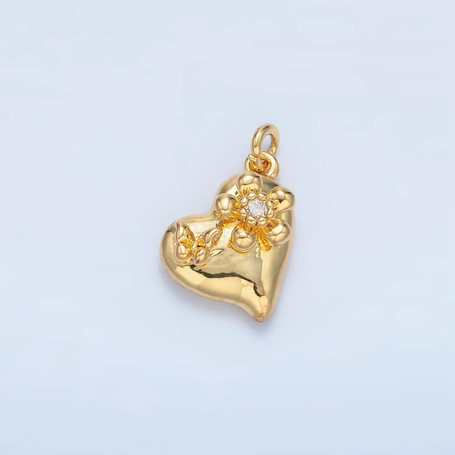 Small heart with butterfly and cz flower charm in gold & silver | e-395