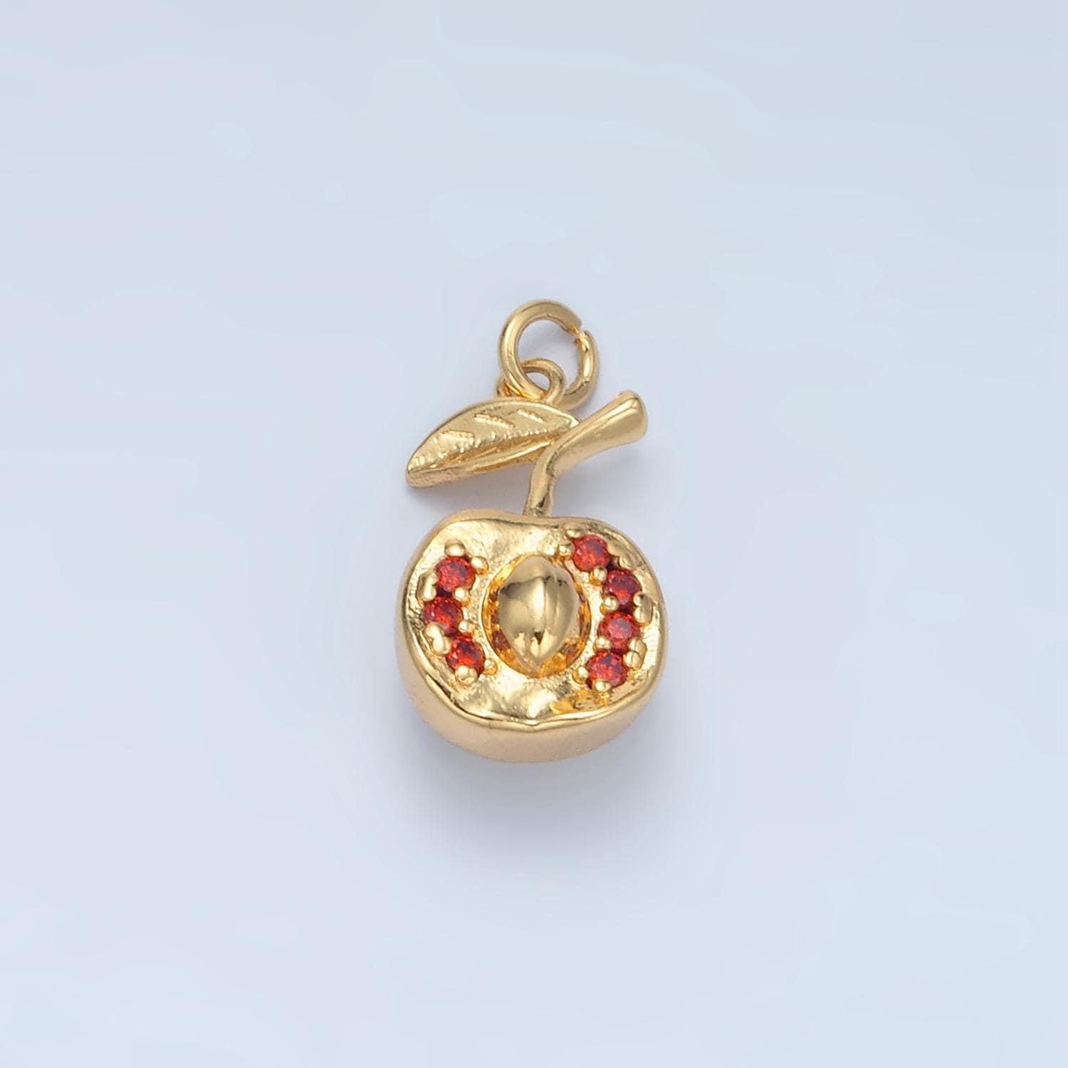 Silver & gold halve cut apple, red cz fruit charm | e-393