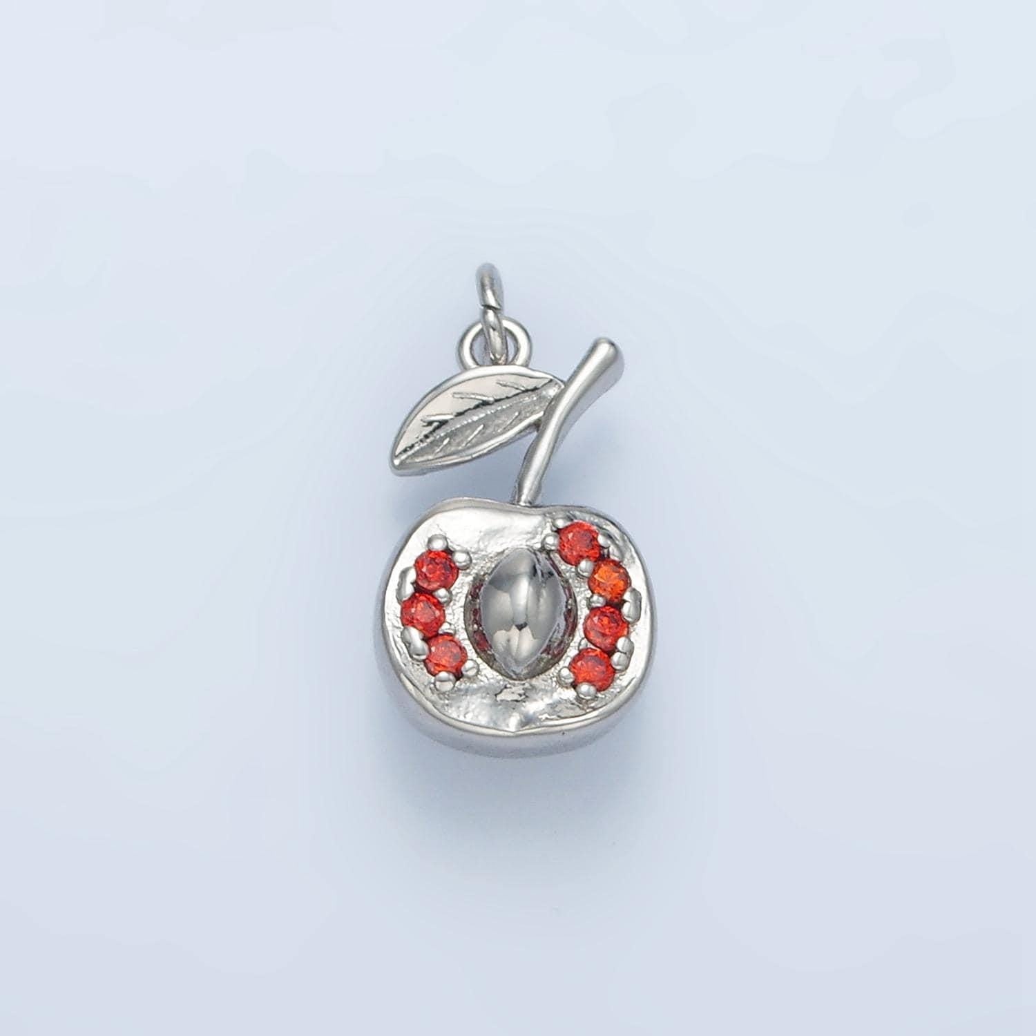 Silver & gold halve cut apple, red cz fruit charm | e-393
