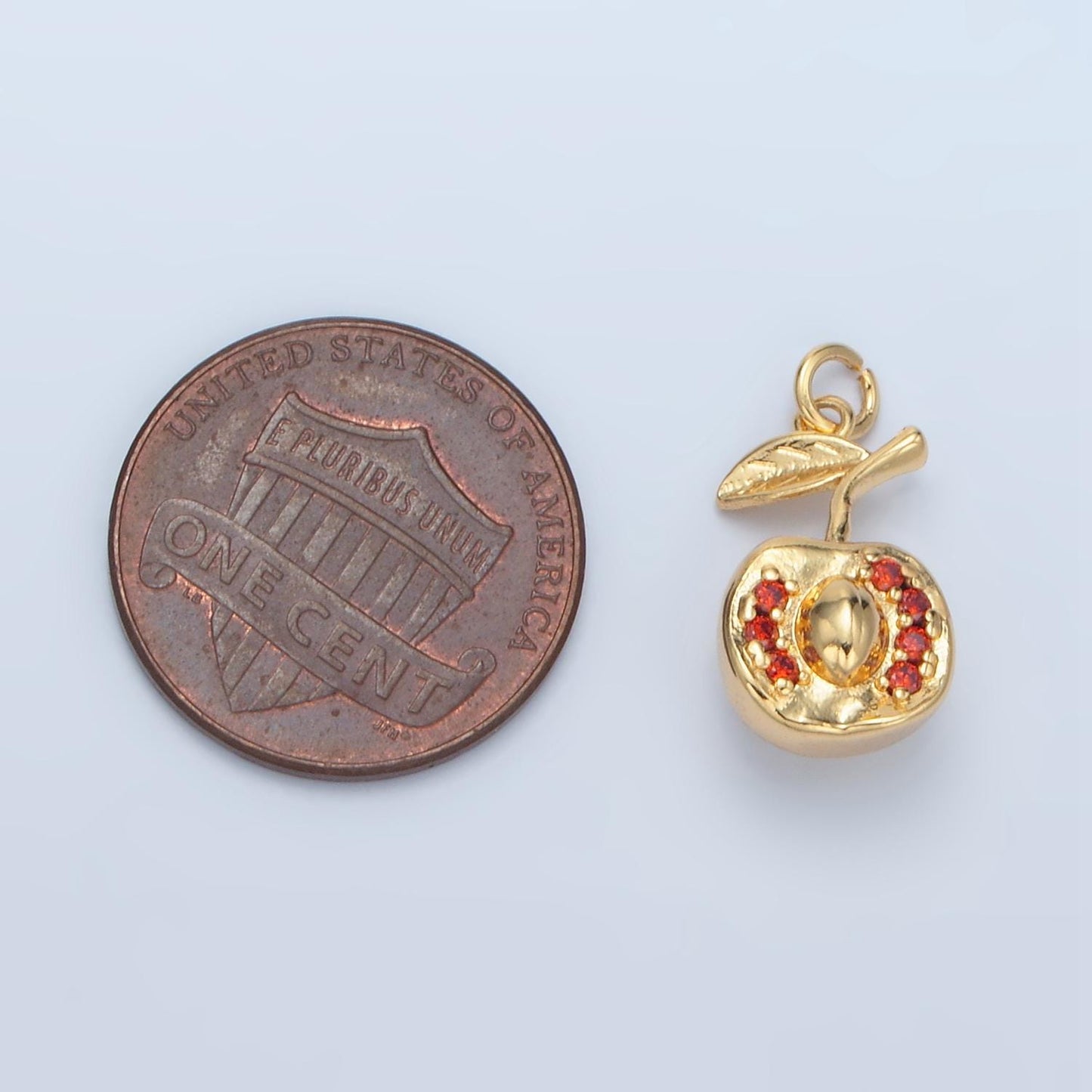 Silver & gold halve cut apple, red cz fruit charm | e-393