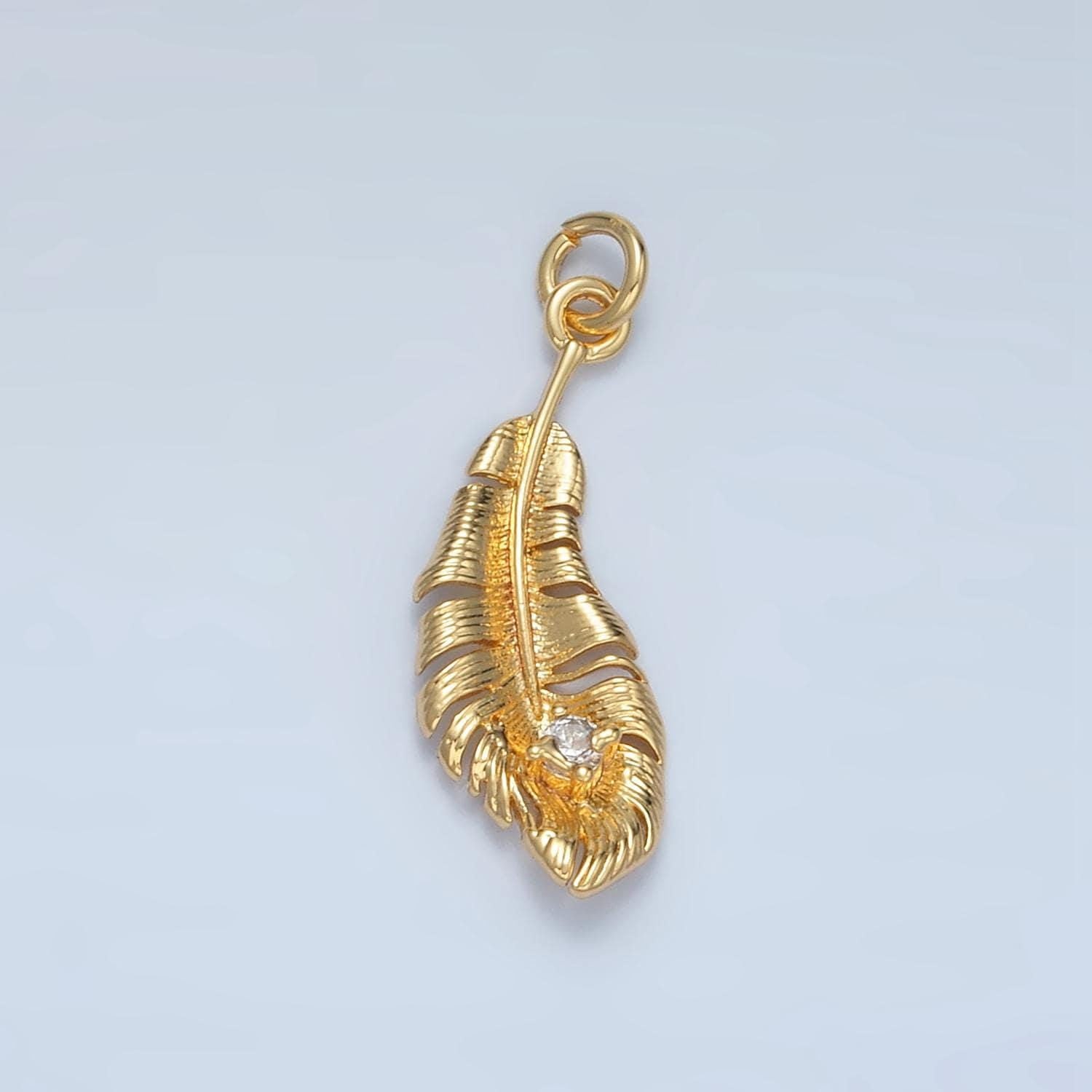 Bird feather cz paved in gold & silver dangle charm | e-383