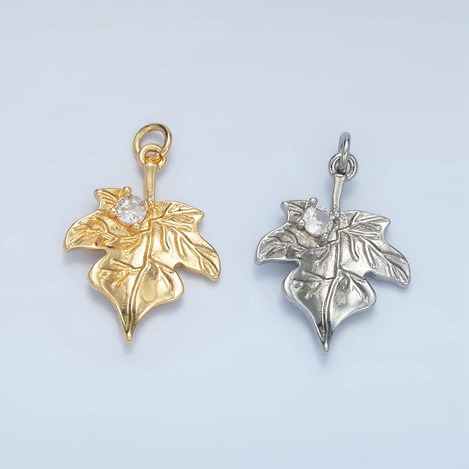 Autumn fall leaves cz paved nature 24k gold filled charm gold & silver | e-376