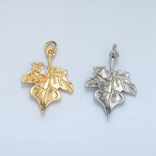 Autumn fall leaves cz paved nature 24k gold filled charm gold & silver | e-376