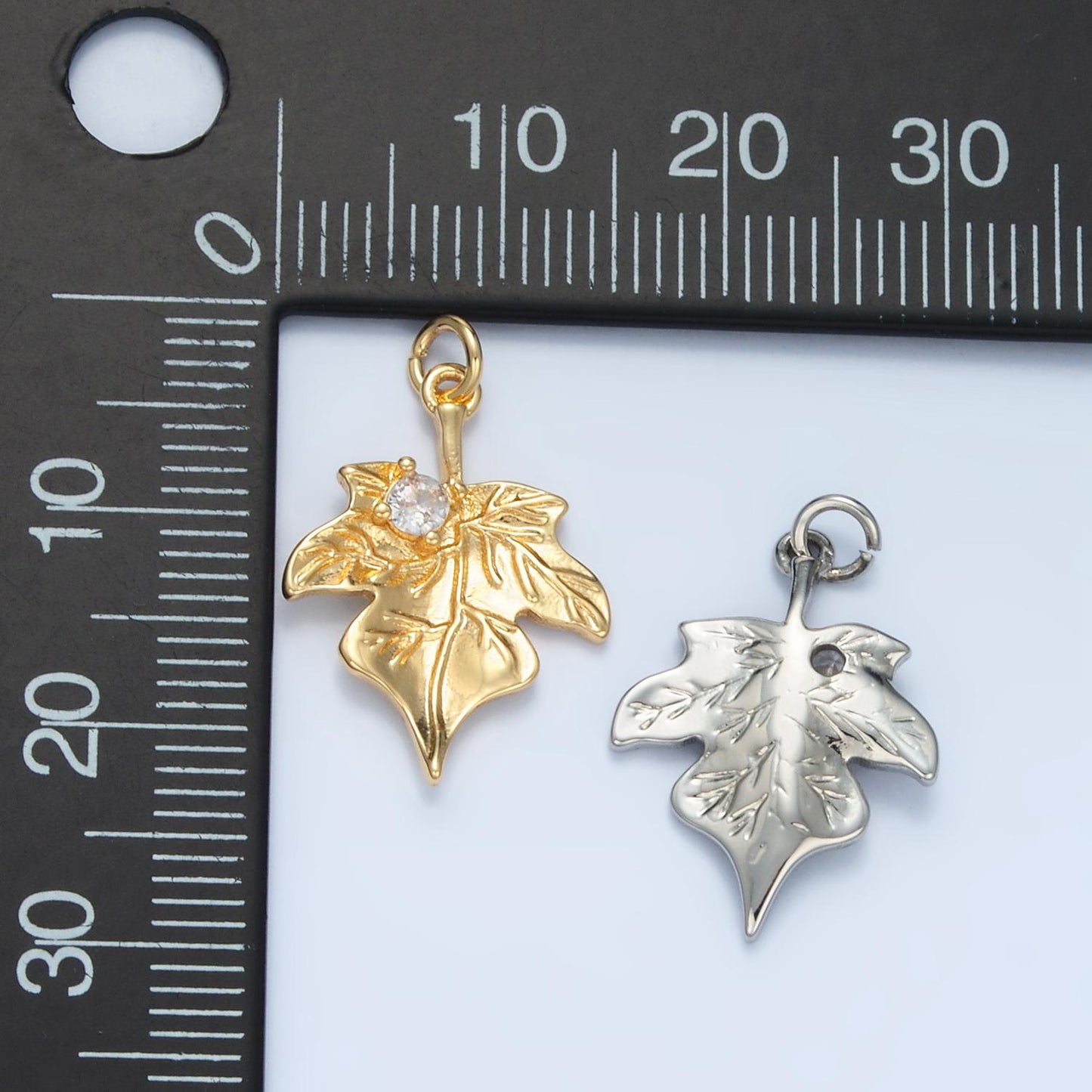 Autumn fall leaves cz paved nature 24k gold filled charm gold & silver | e-376