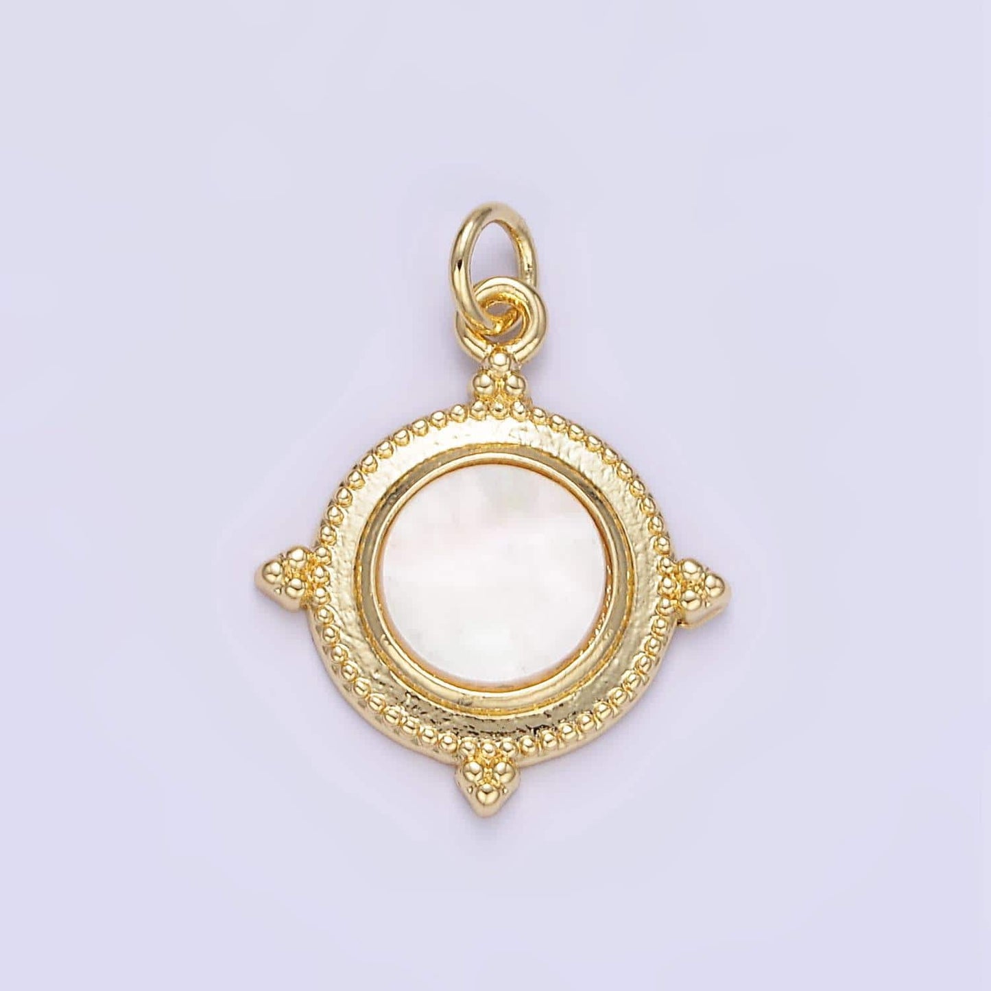 14k gold filled shell pearl dainty medallion bezel round charm | e366
