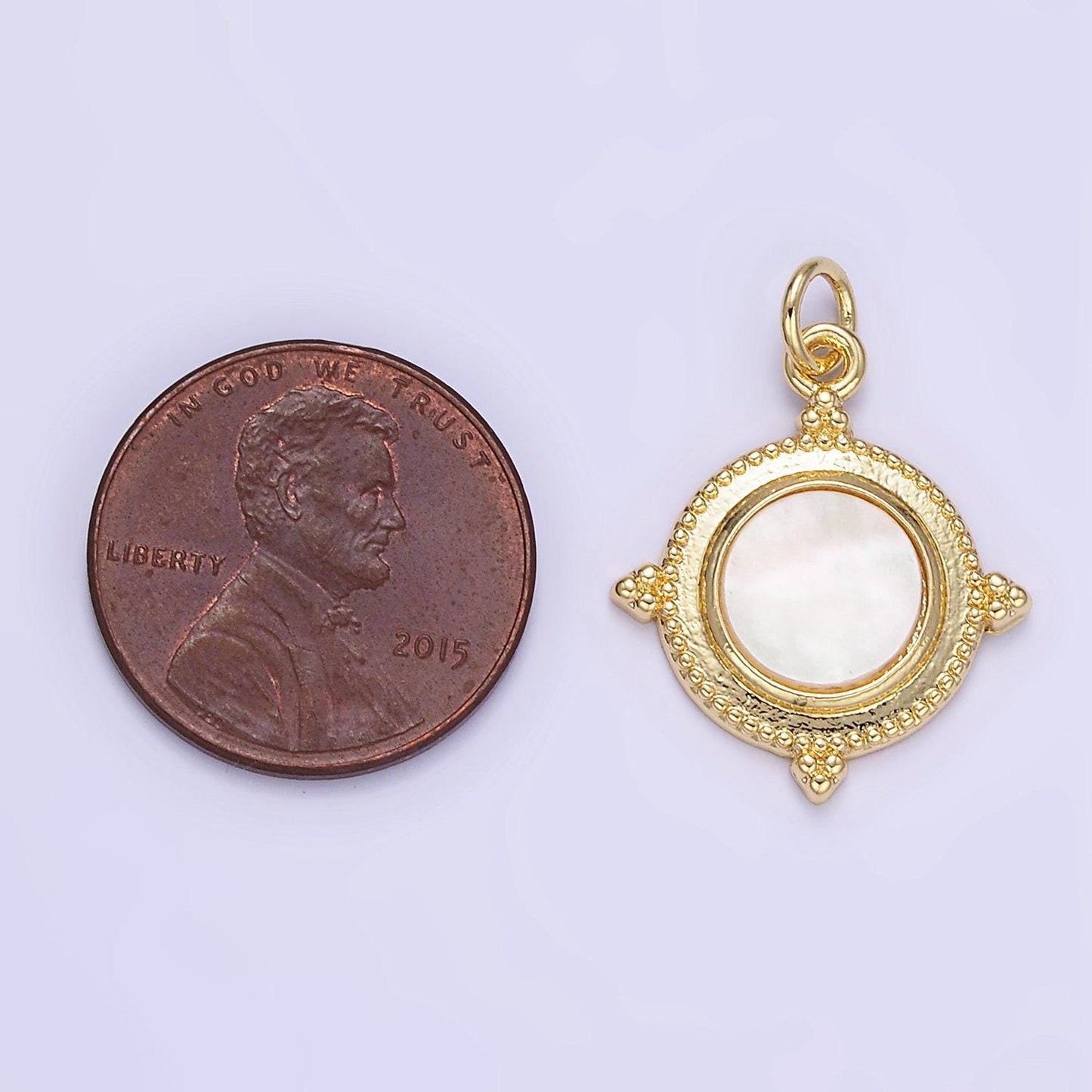 14k gold filled shell pearl dainty medallion bezel round charm | e366