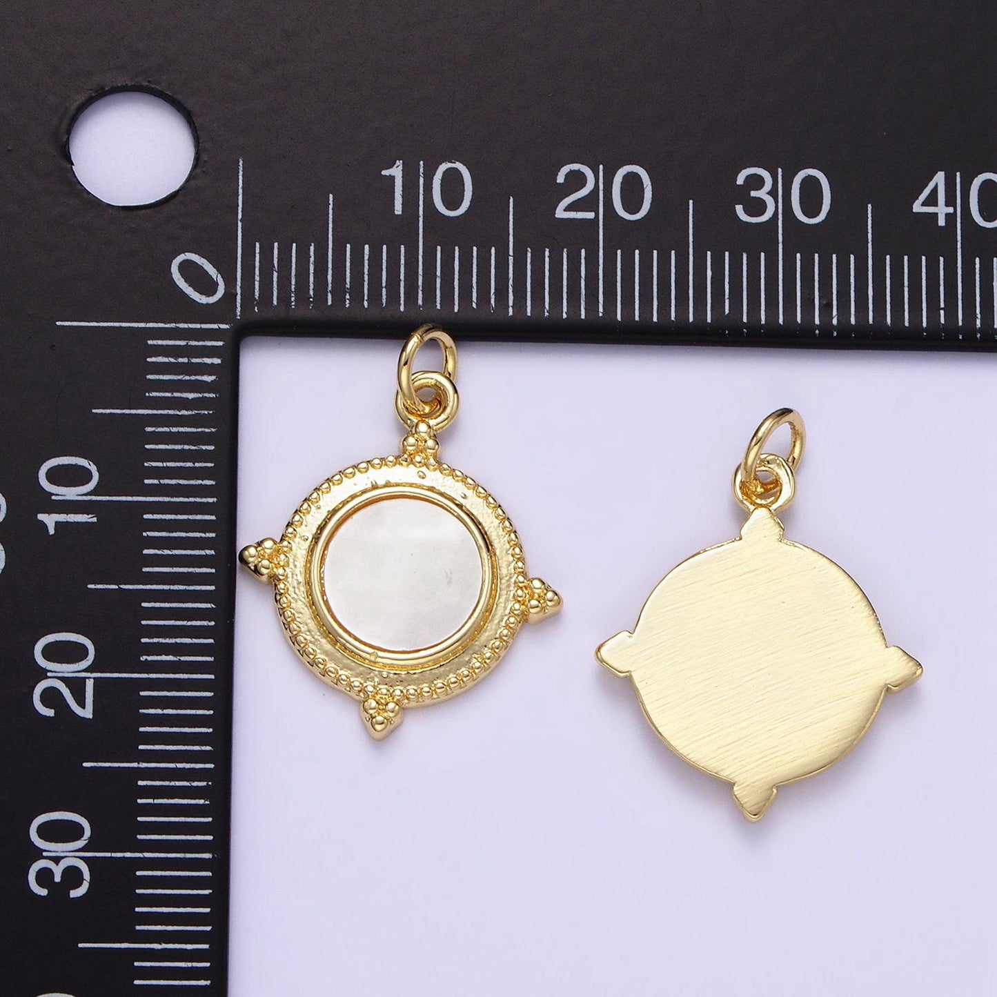 14k gold filled shell pearl dainty medallion bezel round charm | e366