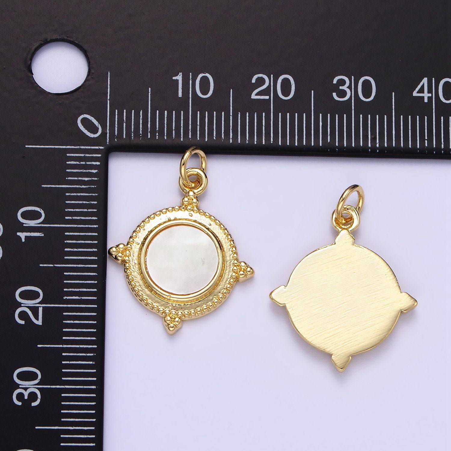 14k gold filled shell pearl dainty medallion bezel round charm | e366
