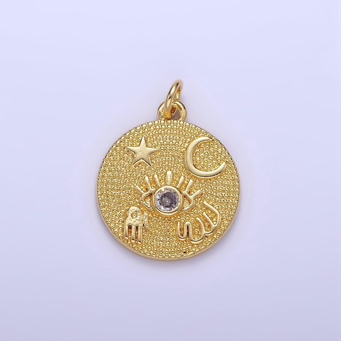 Dainty good luck medallion charm 24k gold filled pendant for necklace bracelet component supply evil eye moon star hamsa hand cz e347