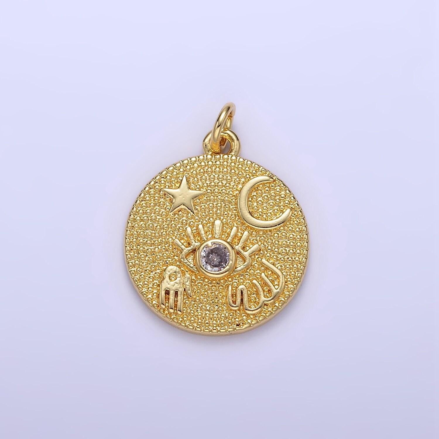Dainty good luck medallion charm 24k gold filled pendant for necklace bracelet component supply evil eye moon star hamsa hand cz e347