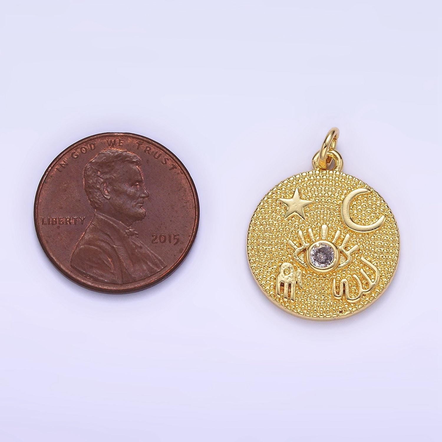 Dainty good luck medallion charm 24k gold filled pendant for necklace bracelet component supply evil eye moon star hamsa hand cz e347