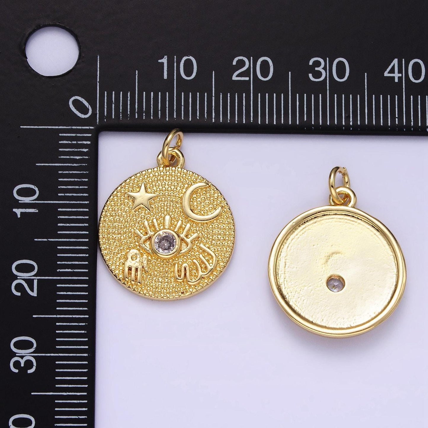 Dainty good luck medallion charm 24k gold filled pendant for necklace bracelet component supply evil eye moon star hamsa hand cz e347