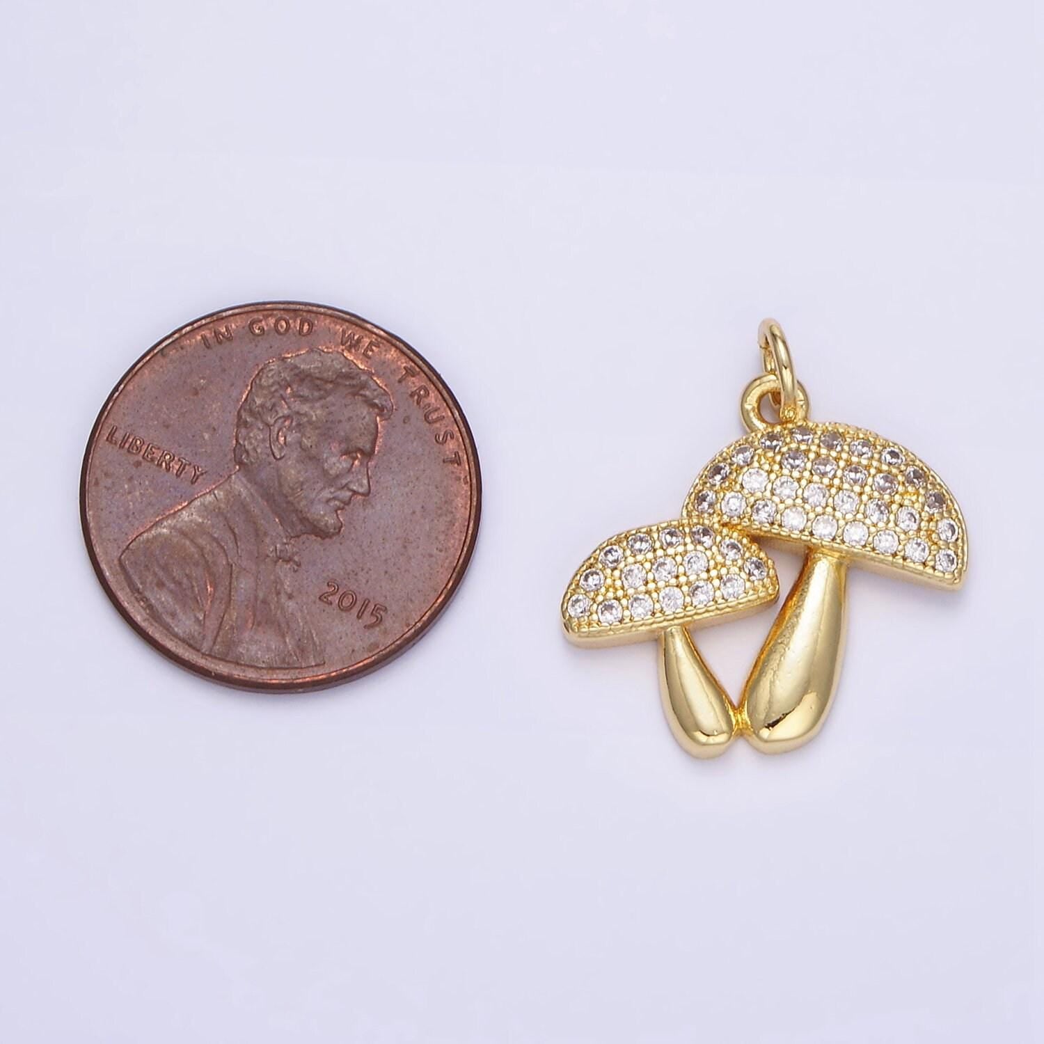 Cute golden mushrooms charm, micro pave cz charm, dainty pendant gold shroomie charm for jewelry making e345