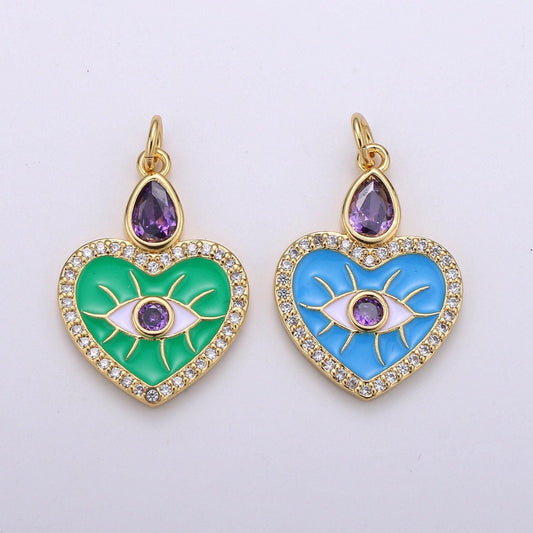 Enamel evil eye charm, micro pave evil eye pendant for amulet jewelry making supply protection blue, green evil eye heart ,chgf-1749,1989