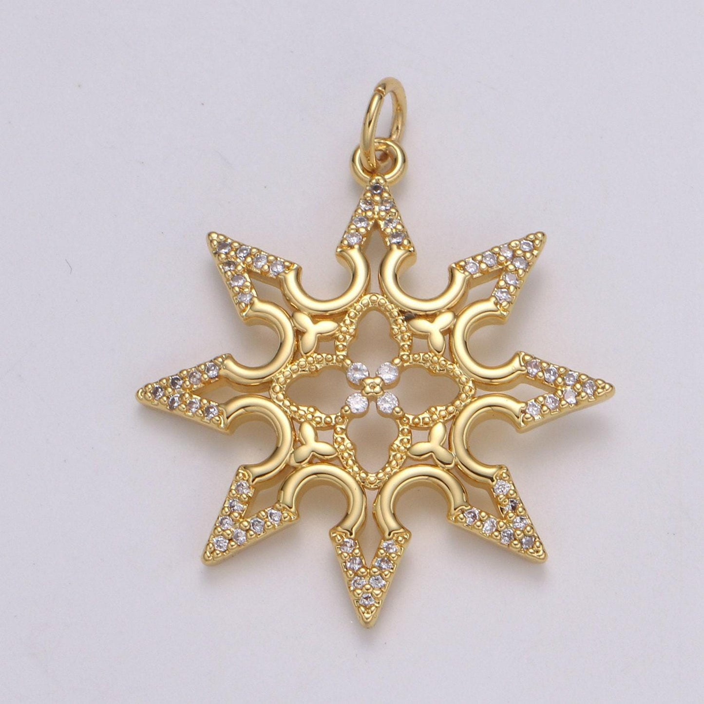 1pc gold micro pave cz snowflake pendant charm, cubic flower pendant charm, star pendant for holiday gift christmas jewelry, chgf 2162
