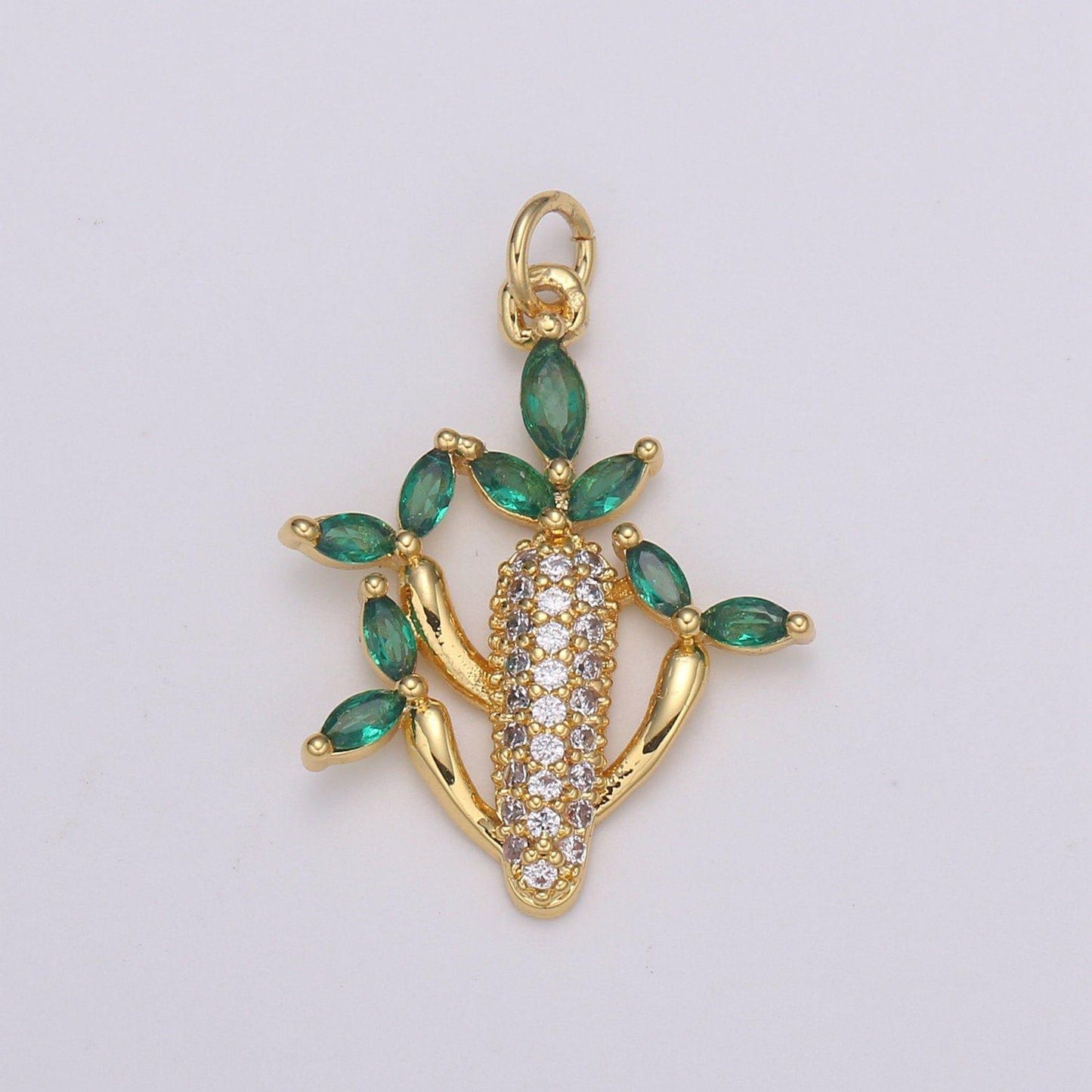 24k gold filled cactus green leaf cz charm, succulent zirconia pendant, corncob cubic pave for diy craft making. e-199