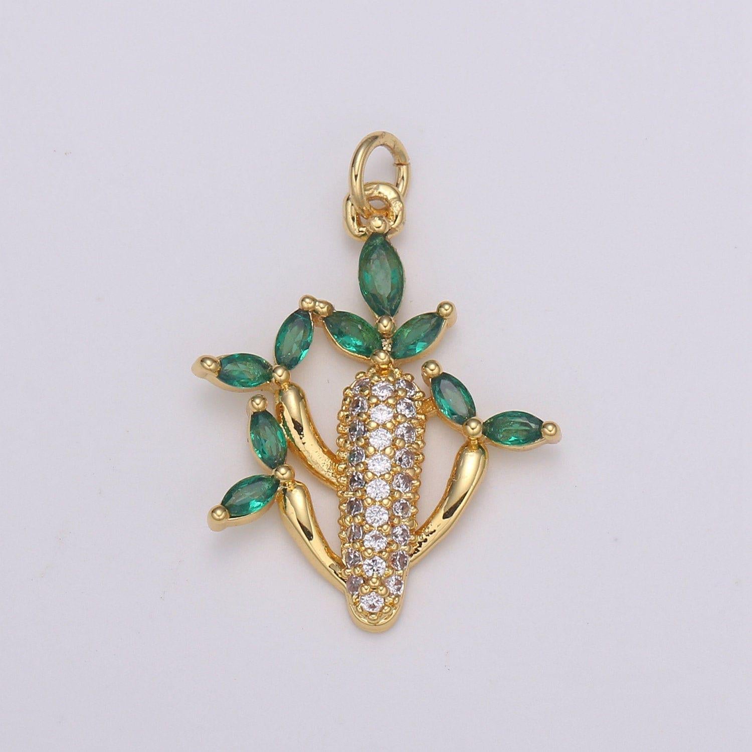 24k gold filled cactus green leaf cz charm, succulent zirconia pendant, corncob cubic pave for diy craft making. e-199