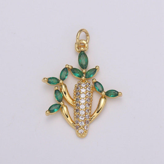 24k gold filled cactus green leaf cz charm, succulent zirconia pendant, corncob cubic pave for diy craft making. e-199