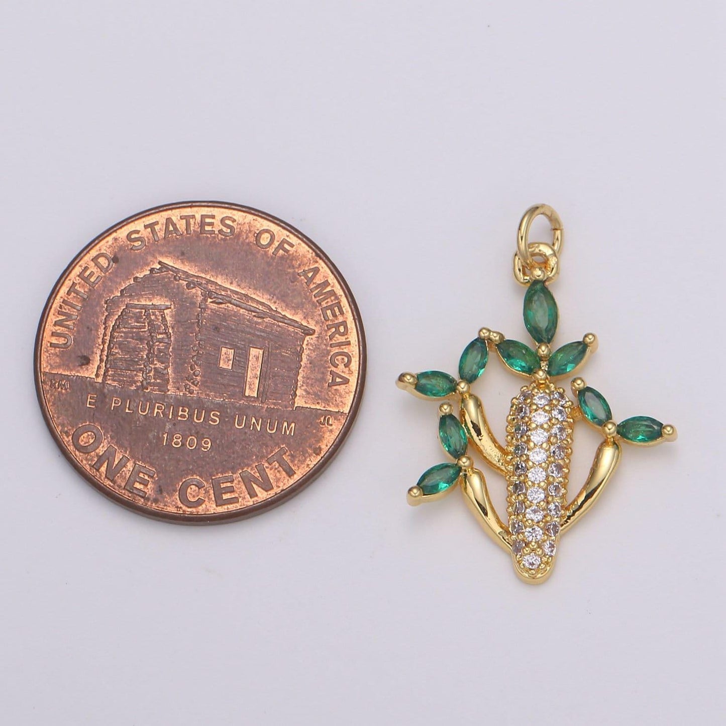 24k gold filled cactus green leaf cz charm, succulent zirconia pendant, corncob cubic pave for diy craft making. e-199
