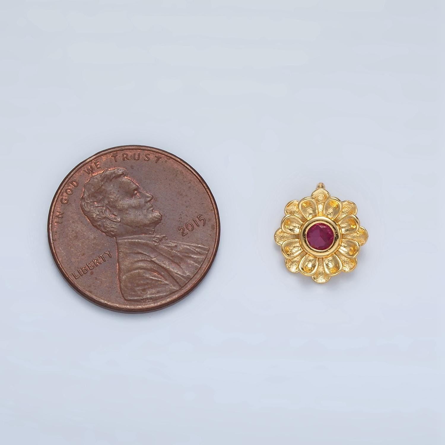 Tiny gold filled hot pink cz artisan flower charm bali inspired | e194