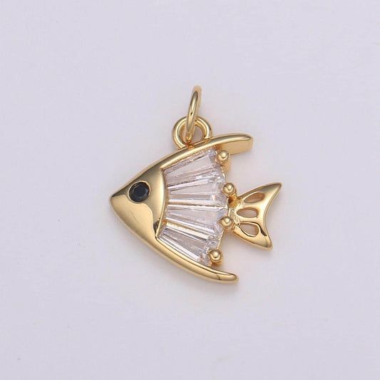 Baguette pave gold fish charm, pompano bracelet charm,necklace charm, earring charm, ocean jewelry, fish,dolphin ,mermaid , e-193