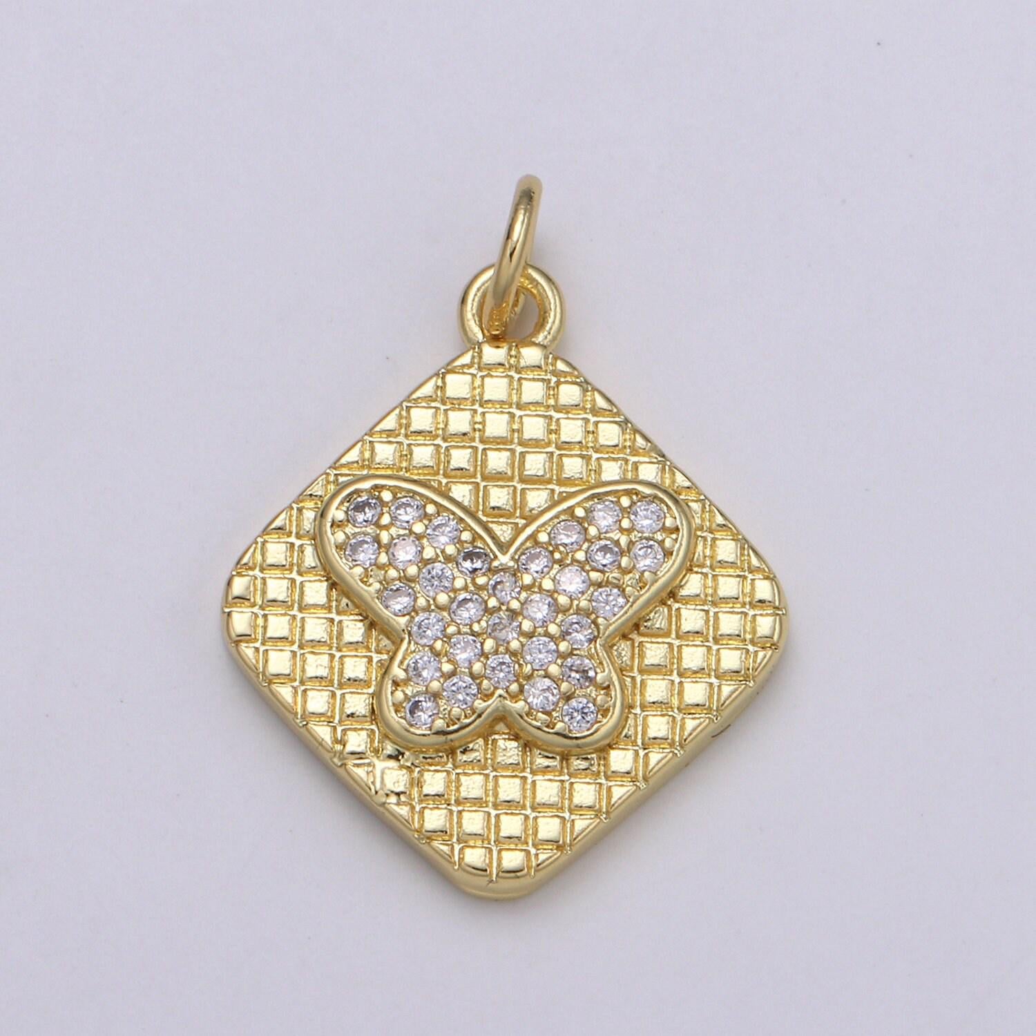 Gold butterfly charm micro pave mariposa pendant e-148