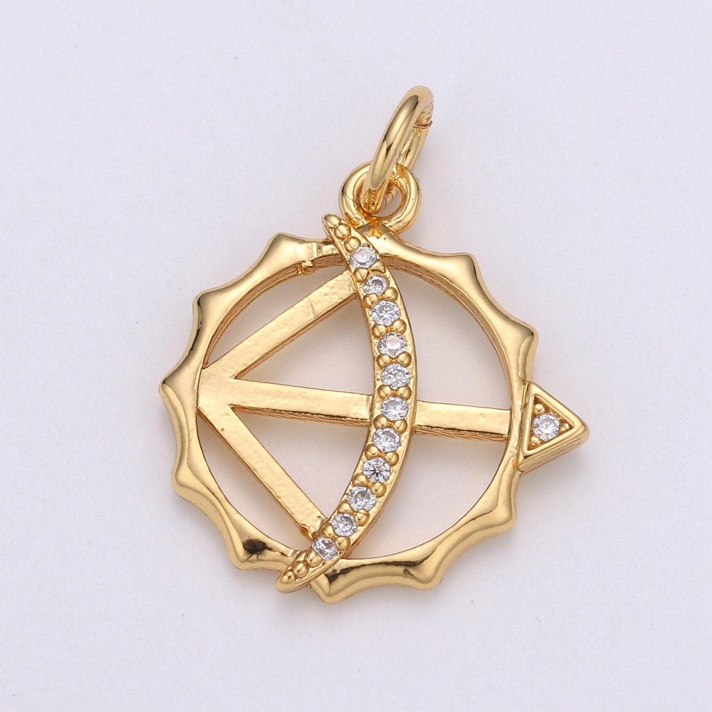 24k gold sundials charm,micro pave arrow charm, sun compass cz gold charm, dainty crecent moon minimalist jewelry supply, chgf-1935