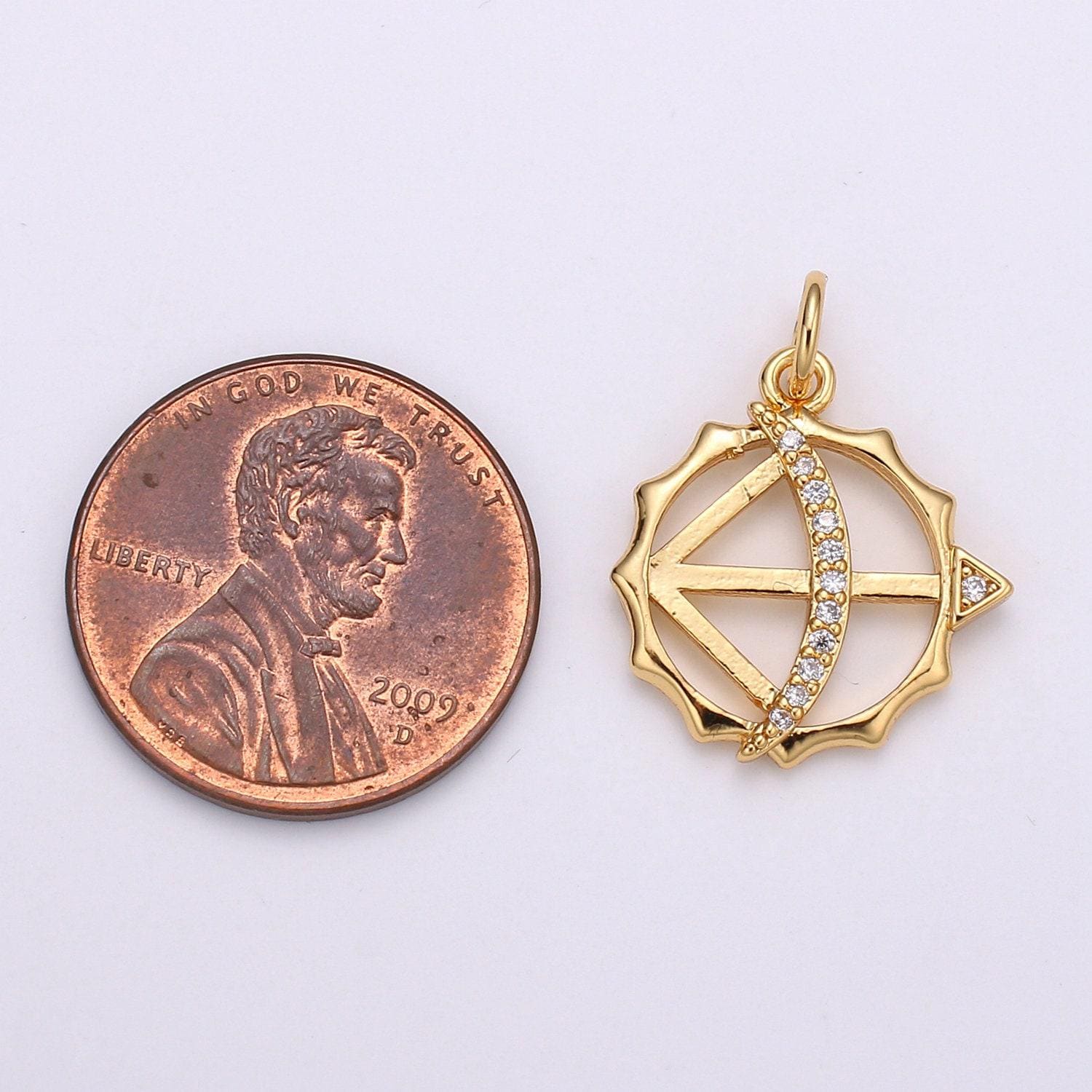 24k gold sundials charm,micro pave arrow charm, sun compass cz gold charm, dainty crecent moon minimalist jewelry supply, chgf-1935