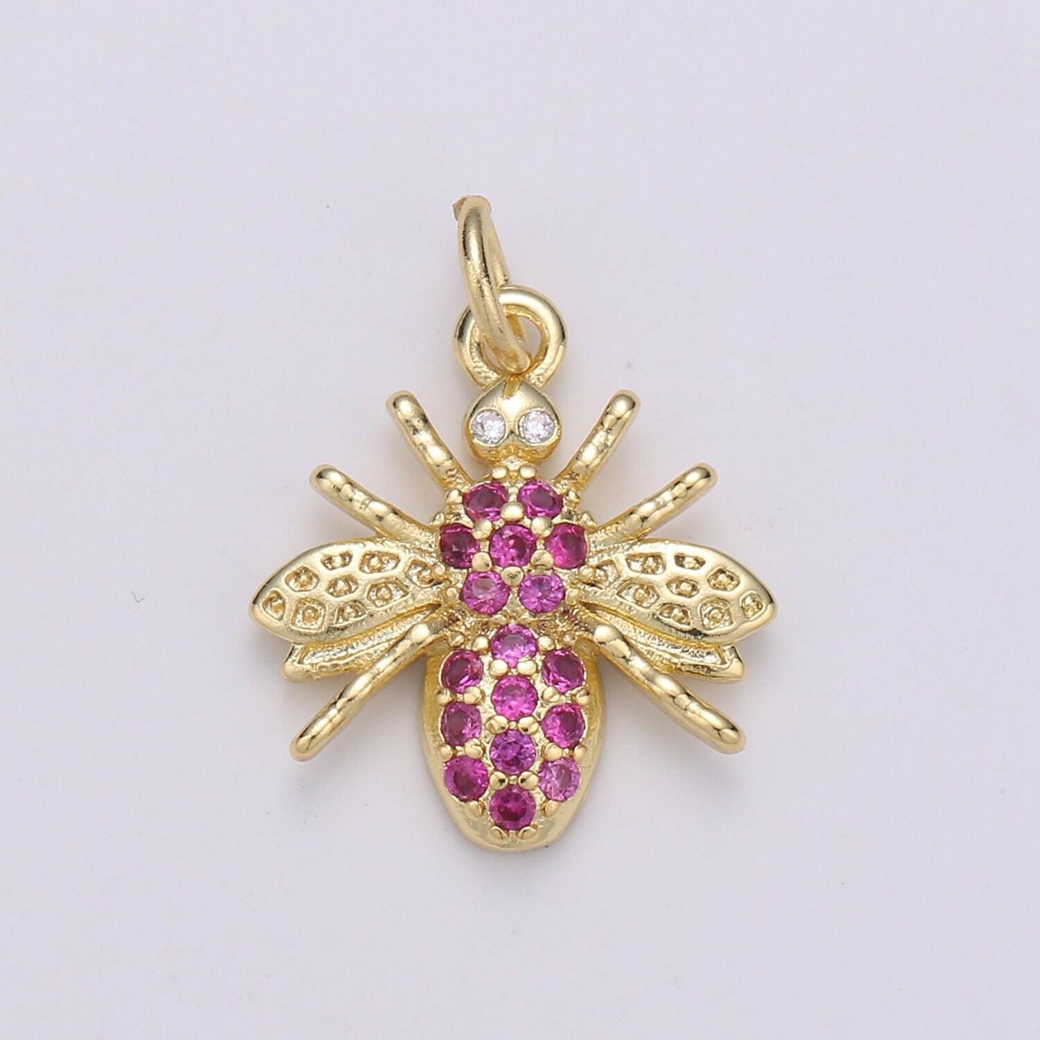1pc red ruby zirconia 24k gold bee pendant charm, insect bug pendant charm, flies pendant, chgf-1911