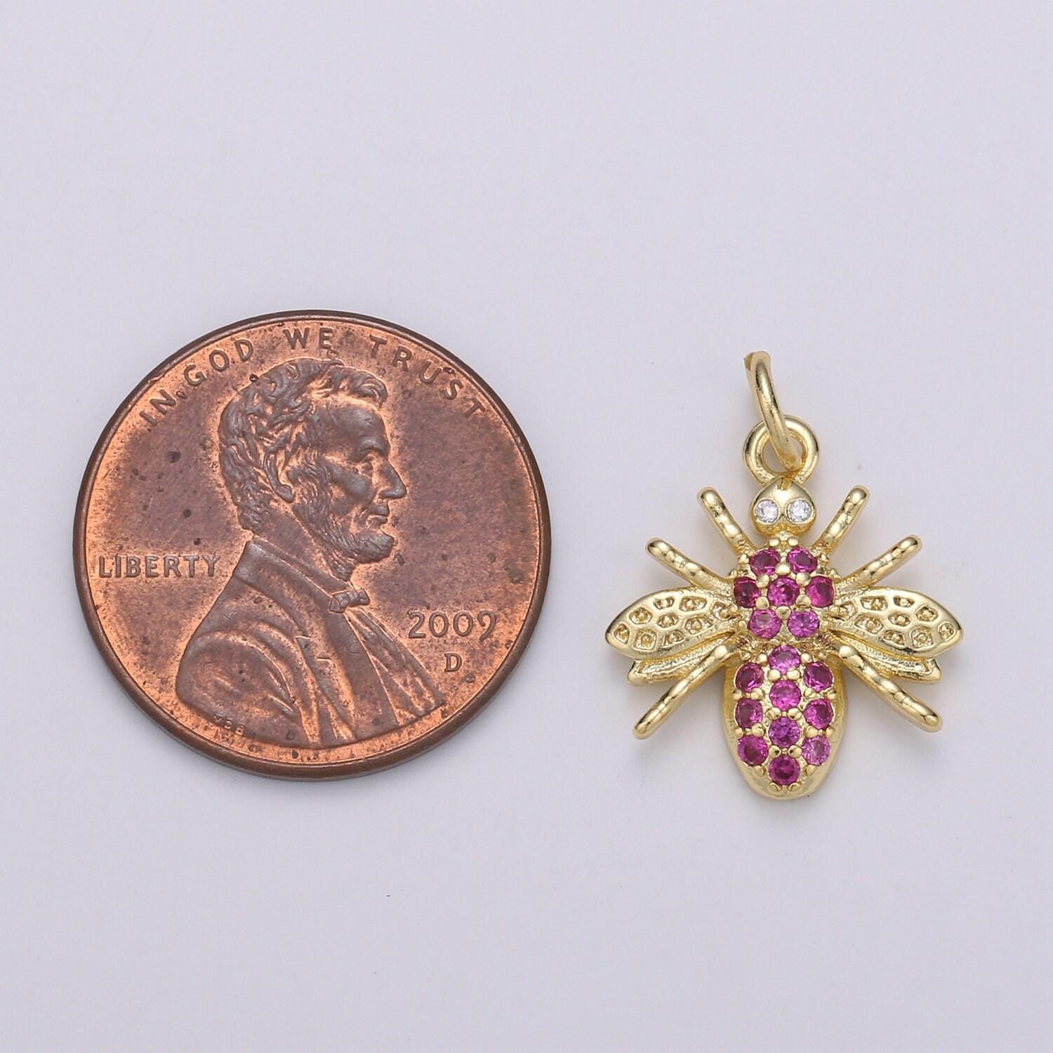 1pc red ruby zirconia 24k gold bee pendant charm, insect bug pendant charm, flies pendant, chgf-1911
