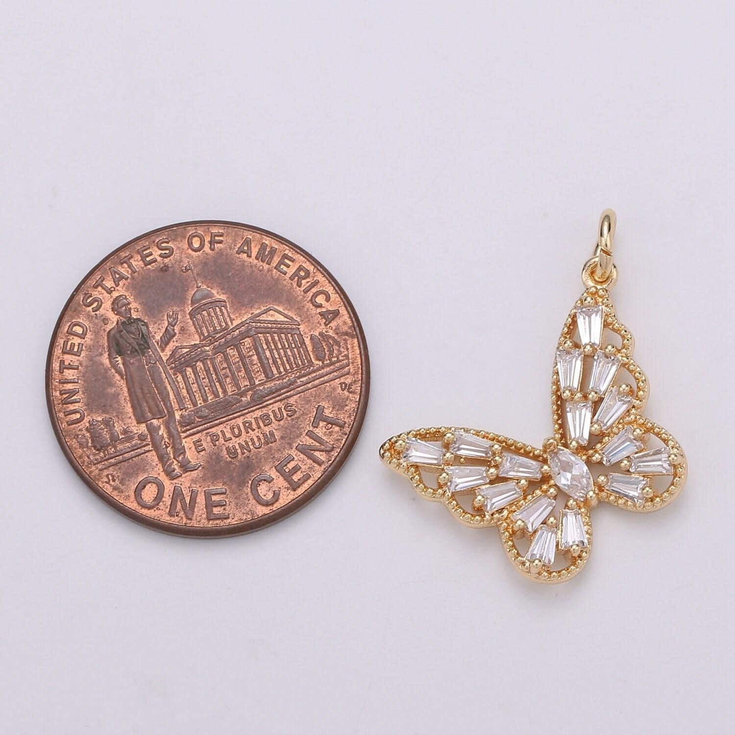 Dainty 18k gold micro pave cz butterfly pendant charm monarch butterfly pendant charm insect animal jewelry baguette cz d874